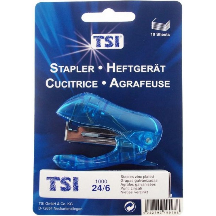 TSI Mini Stapler for Standard Staples, 1000 24/6 Staples, Blue